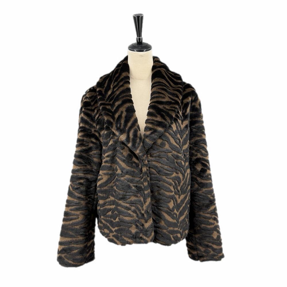 Spiegel Black & Brown Zebra Print Faux Fur Fuzzy Pockets Lined Collared Coat